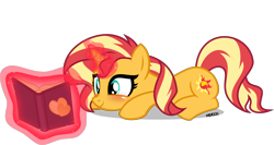 Size: 4000x2126 | Tagged: safe, artist:orin331, character:sunset shimmer, species:pony, species:unicorn, blushing, book, cute, cutie mark, female, glowing horn, levitation, magic, magic aura, mare, reading, shimmerbetes, simple background, smiling, sunset shimmer day, telekinesis, transparent background