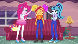 Size: 1024x576 | Tagged: safe, artist:limedazzle, part of a set, character:pinkie pie, character:sonata dusk, character:sunset shimmer, g4, my little pony: equestria girls, my little pony:equestria girls, balloon, clothing, converse, couch, cup, cupcake, eyes closed, female, food, geode of sugar bombs, pants, ponytail, shirt, shoes, smiling, static electricity