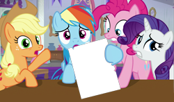 Size: 3996x2351 | Tagged: safe, artist:phucknuckl, edit, edited screencap, screencap, character:applejack, character:pinkie pie, character:rainbow dash, character:rarity, species:earth pony, species:pegasus, species:pony, species:unicorn, episode:school daze, g4, my little pony: friendship is magic, concerned, female, hind legs, mare, meme template, school of friendship, simple background, table, transparent background, twilight's office, worried