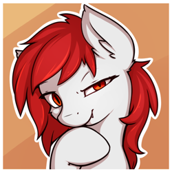 Size: 570x570 | Tagged: safe, artist:theparagon, oc, oc only, oc:redtail, species:bat pony, bat pony oc, bust, dreamworks face, ear fluff, fangs, mischievous, portrait, red eyes, simple background, solo