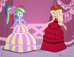 Size: 4000x3090 | Tagged: safe, artist:dieart77, character:applejack, character:rainbow dash, my little pony:equestria girls, alternate hairstyle, and then there's rarity, applejack also dresses in style, blushing, carousel boutique, clothing, cowboy hat, dress, elegant, feminization, forced makeover, frozen, hat, implied rarity, makeup, model, modeling, prank, rainbow dash always dresses in style, stetson, story included, tomboy taming