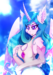 Size: 1358x1920 | Tagged: safe, artist:rariedash, character:princess celestia, species:alicorn, species:anthro, species:pony, boob window, breasts, cleavage, clothing, evening gloves, female, gloves, long gloves, mare, solo
