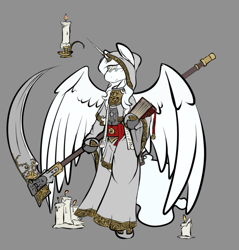 Size: 805x842 | Tagged: safe, artist:cantershirecommons, oc, oc only, oc:thanatos, species:alicorn, species:pony, alicorn oc, armor, bipedal, book, candle, colored, concept art, impractical weapon, jewelry, male, robe, scythe, solo, stallion
