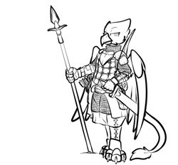 Size: 798x742 | Tagged: safe, artist:cantershirecommons, oc, oc only, oc:argyle, species:griffon, armor, arrows, bipedal, bow, chainmail, looking at you, male, monochrome, quiver, solo, spear, sword, weapon