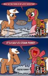 Size: 765x1202 | Tagged: safe, artist:ladyanidraws, character:silver spanner, oc, oc:pun, species:earth pony, species:pony, ask pun, ask, facehoof, female, gramophone, machine, mare, pun
