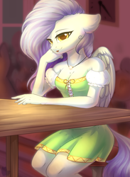 Size: 2014x2750 | Tagged: safe, artist:alphadesu, oc, species:anthro, species:pegasus, species:pony, anthro oc, chair, clothing, female, jewelry, necklace, sitting, solo, table, ych result