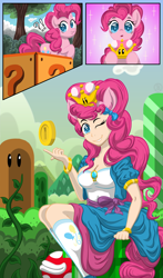 Size: 3300x5600 | Tagged: safe, artist:template93, character:pinkie pie, species:human, ? block, absurd resolution, bush, clothing, cloud, coin, comic, crossover, cute, diapinkes, eared humanization, flowy mane, humanized, mario, meme, mountain, new super mario bros. u deluxe, one eye closed, pipe, piranha plant, pony ears, princess pinkie pie, question mark block, smiling, socks, super crown, super mario bros., tailed humanization, transformation, tree, vine, wink