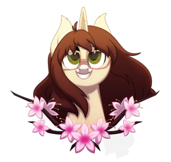Size: 926x876 | Tagged: safe, artist:faith-wolff, oc, oc:cinnamon fawn, species:pony, species:unicorn, branches, brown hair, bust, cherry blossoms, female, flower, flower blossom, glasses, green eyes, hazel eyes, long hair, looking up, mare, simple background, smiling, solo, teeth, transparent background