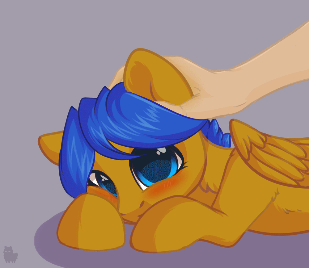 Size: 1000x868 | Tagged: safe, artist:alphadesu, derpibooru original, oc, oc only, oc:crushingvictory, species:human, species:pegasus, species:pony, adorable face, alphadesu is trying to kill us, animated, blushing, commission, cute, digital art, ear scratch, folded wings, gif, hand, human on pony petting, lying down, ocbetes, petting, simple background, smiling, solo, weapons-grade cute, ych result