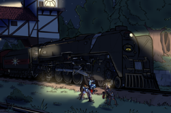 Size: 1280x846 | Tagged: safe, artist:cantershirecommons, oc, oc only, oc:sorren, species:deer, antlers, building, candle, clothing, colored, grass, hat, lantern, locomotive, night, railroad, spotlight, toolbelt, train, tree, wing hands, wings