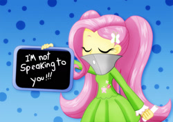Size: 1600x1131 | Tagged: safe, artist:jucamovi1992, character:fluttershy, my little pony:equestria girls, alternate hairstyle, bubbles (powerpuff girls), chalkboard, clothing, eyes closed, female, flea collar, sign, solo, the powerpuff girls
