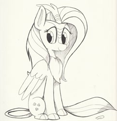 Size: 2492x2579 | Tagged: safe, artist:taurson, character:fluttershy, species:kirin, species:pony, inktober, episode:sounds of silence, g4, my little pony: friendship is magic, black and white, chest fluff, cloven hooves, female, folded wings, grayscale, inktober 2018, kirin fluttershy, kirin-ified, kirinbetes, leonine tail, looking sideways, mare, monochrome, sitting, smiling, solo, species swap, winged kirin, wings