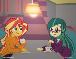 Size: 4000x3090 | Tagged: safe, artist:dieart77, character:juniper montage, character:sunset shimmer, my little pony:equestria girls, cafe, clothing, commission, cup, female, looking at each other, open mouth, plate, sitting, sweater, table, talking