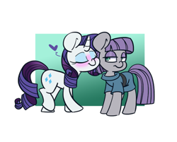 Size: 500x402 | Tagged: safe, artist:lou, character:maud pie, character:rarity, species:earth pony, species:pony, species:unicorn, ship:rarimaud, blushing, eyes closed, female, floating heart, heart, lesbian, nuzzling, shipping