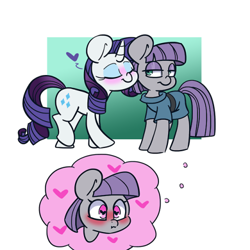 Size: 500x500 | Tagged: safe, artist:lou, character:maud pie, character:rarity, species:earth pony, species:pony, species:unicorn, ship:rarimaud, blushing, blushing profusely, female, floating heart, heart, heart eyes, inner thoughts, lesbian, nuzzling, shipping, wingding eyes