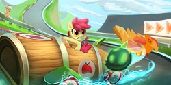 Size: 1828x906 | Tagged: safe, artist:imalou, character:apple bloom, character:applejack, species:earth pony, species:pony, episode:the cart before the ponies, g4, my little pony: friendship is magic, bow, clothing, cowboy hat, derby racers, drifting, driving, female, filly, hair bow, hat, mare, mario kart, race, race track, sisters, solo focus
