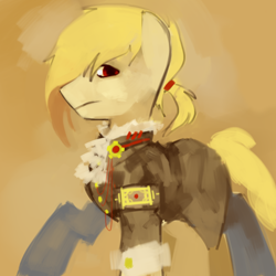 Size: 1000x1000 | Tagged: safe, artist:dhui, oc, oc:gearmaster rochal, species:pony, blonde, buck legacy, concept art, jabot, male, ponytail, red eyes, solo, steampunk, yellow hair