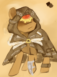 Size: 976x1310 | Tagged: safe, artist:dhui, oc, species:pony, buck legacy, concept art, hood, male, solo, steampunk, weapon
