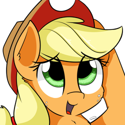 Size: 2362x2362 | Tagged: safe, artist:taurson, character:applejack, applejack day, bashful, clothing, cowboy hat, female, freckles, green eyes, hat, looking up, open mouth, simple background, solo, stetson, white background