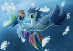 Size: 1600x1131 | Tagged: safe, artist:jucamovi1992, character:rainbow dash, character:soarin', species:seapony (g4), ship:soarindash, female, lightly watermarked, male, old cutie mark, seaponified, seapony rainbow dash, seapony soarin', shipping, species swap, straight, watermark