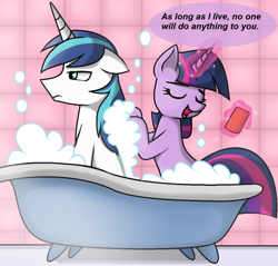 Size: 1030x984 | Tagged: safe, artist:pencil bolt, character:shining armor, character:twilight sparkle, character:twilight sparkle (unicorn), species:pony, species:unicorn, babying armor, bath, bathing, bathing together, bathroom, bathtub, brother and sister, claw foot bathtub, dialogue, female, male, mare, overprotective, protective little sister, shining armor is not amused, siblings, sisters gonna sister, stallion, unamused