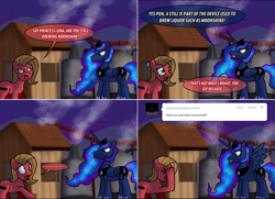 Size: 1663x1204 | Tagged: safe, artist:ladyanidraws, character:princess luna, oc, oc:pun, species:earth pony, species:pony, ask pun, alcohol, ask, facehoof, female, mare, moonshine, pun