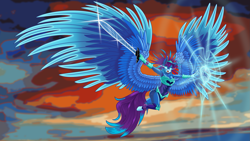 Size: 2059x1158 | Tagged: safe, artist:phucknuckl, oc, oc only, oc:runic shield, species:anthro, species:pegasus, species:pony, species:unguligrade anthro, anthro oc, armor, big wings, female, mare, shield, solo, sword, unconvincing armor, weapon, wings