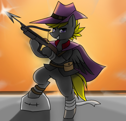 Size: 1312x1256 | Tagged: safe, artist:pencil bolt, oc, oc only, oc:pencil bolt, species:pegasus, species:pony, clothing, costume, crossbow, halloween, halloween costume, holiday, male, stone, sunset, vampire hunter
