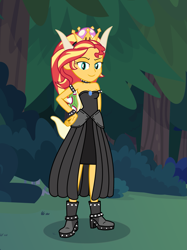 Size: 1417x1890 | Tagged: safe, artist:phucknuckl, character:sunset shimmer, my little pony:equestria girls, armband, bedroom eyes, boots, bowser, bowsette, breasts, bush, cleavage, clothing, collar, cosplay, costume, crossover, crown, dress, female, forest, grass, halloween, halloween 2018, halloween costume, hand on hip, headband, holiday, horn, jewelry, leather boots, looking at you, necklace, night, nightmare night, nightmare night 2018, nightmare night costume, nintendo, raised eyebrow, regalia, shadow, shoes, skirt, smiling, smug, solo, standing, super crown, super mario bros., super mario odyssey, tree, wall of tags, wristband