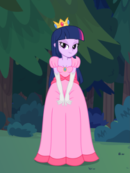 Size: 1417x1890 | Tagged: safe, artist:phucknuckl, character:twilight sparkle, character:twilight sparkle (alicorn), species:alicorn, species:pony, my little pony:equestria girls, bedroom eyes, breasts, bust, cleavage, clothing, cosplay, costume, crossover, crown, dress, female, forest, gloves, grass, halloween, halloween 2018, halloween costume, hand on hip, hands on thighs, holiday, jewelry, looking at you, night, nightmare night, nightmare night 2018, nightmare night costume, outdoors, princess, princess peach, princess twipeach, regalia, royalty, shadow, solo, standing, super mario bros., wall of tags