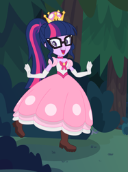 Size: 1417x1890 | Tagged: safe, artist:phucknuckl, character:twilight sparkle, character:twilight sparkle (scitwi), species:eqg human, my little pony:equestria girls, boots, bow, breasts, bush, cleavage, clothing, collar, cosplay, costume, crossover, crown, dress, female, forest, glasses, gloves, grass, hairpin, halloween, halloween 2018, halloween costume, happy, holiday, jewelry, necklace, new super mario bros. u deluxe, night, nightmare night, nightmare night 2018, nightmare night costume, nintendo, open mouth, outdoors, peachette, ponytail, regalia, shadow, shoes, smiling, solo, standing, standing on one leg, stars, super crown, super mario bros., teeth, toadette, tree, wall of tags