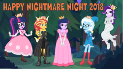 Size: 3877x2200 | Tagged: safe, artist:phucknuckl, character:starlight glimmer, character:sunset shimmer, character:trixie, character:twilight sparkle, character:twilight sparkle (scitwi), species:eqg human, my little pony:equestria girls, 2018, armband, bedroom eyes, booette, boots, boulder, bow, bowser, bowsette, breasts, bush, cleavage, clothing, collar, cosplay, costume, crossover, crown, dress, floating, flower, forest, glasses, gloves, grass, group, group photo, group shot, hairpin, halloween, halloween 2018, halloween costume, hand on hip, hands behind back, hands on thighs, happy, happy nightmare night, hat, headband, high res, holiday, horn, jewelry, kamek, kamekette, king boo, knot, leather boots, legs, levitation, looking at you, looking up, magic, magic wand, necklace, new super mario bros. u, new super mario bros. u deluxe, night, night sky, nightmare night, nightmare night 2018, nightmare night costume, nintendo, numbers, open mouth, outdoors, peachette, ponidox, ponytail, princess, princess peach, princess twipeach, raised eyebrow, regalia, rock, royalty, self paradox, self ponidox, shadow, shell, shoes, skirt, sky, smiling, smug, socks, standing, standing on one leg, stars, stone, super crown, super mario bros., tail, teeth, telekinesis, text, toadette, tree, wall of tags, wand, witch, witch hat, wizard, wizard hat, wristband, xk-class end-of-the-world scenario