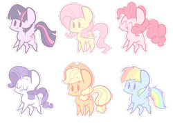 Size: 1280x904 | Tagged: safe, artist:typhwosion, character:applejack, character:fluttershy, character:pinkie pie, character:rainbow dash, character:rarity, character:twilight sparkle, character:twilight sparkle (alicorn), species:alicorn, species:earth pony, species:pegasus, species:pony, species:unicorn, chibi, clothing, cowboy hat, eyes closed, female, hat, mane six, mare, outline, simple background, smiling, transparent background