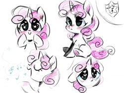Size: 1024x768 | Tagged: safe, artist:oofycolorful, character:sweetie belle, species:pony, species:unicorn, eyes closed, female, filly, sad, simple background, singing, solo, starry eyes, white background, wingding eyes