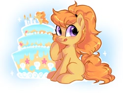 Size: 1400x1050 | Tagged: safe, artist:oofycolorful, oc, oc only, species:earth pony, species:pony, blank flank, cake, candle, chest fluff, female, food, looking back, mare, ponytail, simple background, solo, tongue out