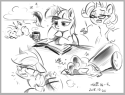 Size: 982x748 | Tagged: safe, artist:oofycolorful, character:applejack, character:fluttershy, character:pinkie pie, character:rainbow dash, character:rarity, species:pony, apple, book, cloud, coffee mug, female, food, glasses, mare, monochrome, mug, party cannon, pony cannonball, sleeping, tired, z, zzz