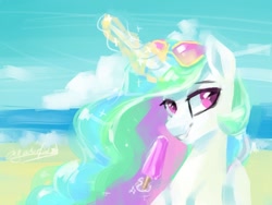 Size: 1024x768 | Tagged: safe, artist:oofycolorful, character:princess celestia, species:alicorn, species:pony, beach, female, food, glasses, ice cream, magic, mare, popsicle, solo, telekinesis