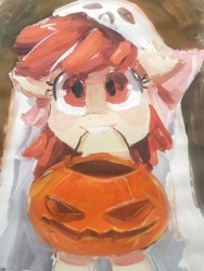 Size: 1536x2048 | Tagged: safe, artist:oofycolorful, character:apple bloom, species:earth pony, species:pony, female, filly, ghost, halloween, holiday, pumpkin bucket, solo, traditional art