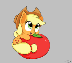 Size: 2691x2362 | Tagged: safe, artist:taurson, character:applejack, species:earth pony, species:pony, apple, appul, chibi, clothing, cowboy hat, cute, female, food, freckles, gray background, happy, hat, hug, jackabetes, looking up, mare, micro, open mouth, ponytail, simple background, smiling, solo, stetson, that pony sure does love apples, tiny, tiny ponies