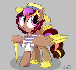 Size: 2541x2362 | Tagged: safe, artist:taurson, oc, oc only, oc:hors, species:pegasus, species:pony, bow tie, cane, clothing, colored wings, female, flim flam outfit, gift art, hat, mare, multicolored wings, simple background, smiling, solo