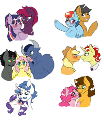 Size: 3600x4200 | Tagged: safe, artist:jolliapplegirl, character:applejack, character:cheese sandwich, character:fancypants, character:flim, character:fluttershy, character:iron will, character:king sombra, character:pinkie pie, character:quibble pants, character:rainbow dash, character:rarity, character:tempest shadow, character:twilight sparkle, character:twilight sparkle (alicorn), species:alicorn, species:earth pony, species:minotaur, species:pegasus, species:pony, species:unicorn, ship:cheesepie, ship:flimjack, ship:ironshy, ship:quibbledash, ship:raripants, ship:sombrashy, ship:tempestlight, boop, broken horn, female, fluttershy gets all the stallions, horn, lesbian, male, noseboop, polyamory, polygamy, shipping, straight