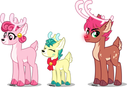 Size: 5000x3423 | Tagged: safe, artist:orin331, character:alice, character:bori, species:deer, species:reindeer, episode:best gift ever, g4, my little pony: friendship is magic, alternate design, bow, cloven hooves, colored hooves, doe, ear piercing, earring, eyes closed, female, glowing nose, jewelry, male, piercing, redesign, rudolph the red nosed reindeer, simple background, smiling, stag, transparent background, trio