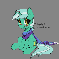 Size: 680x676 | Tagged: safe, artist:mewball, character:lyra heartstrings, /mlp/, 4chan cup, 4chan cup scarf, blushing, clothing, dialogue, female, implied anon, scarf, simple background, smiling, solo
