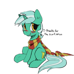 Size: 680x676 | Tagged: safe, artist:mewball, edit, character:lyra heartstrings, species:pony, species:unicorn, blushing, clothing, color edit, colored, female, implied anon, scarf, simple background, smiling, solo, transparent background