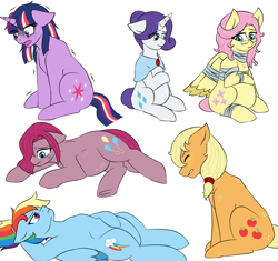 Size: 4150x3895 | Tagged: safe, artist:jolliapplegirl, edit, character:applejack, character:fluttershy, character:pinkamena diane pie, character:pinkie pie, character:rainbow dash, character:rarity, character:twilight sparkle, character:twilight sparkle (unicorn), species:pony, species:unicorn, alternate hairstyle, bandage, crying, eyes closed, floppy ears, glasses, hair bun, hair over one eye, mane six, ponytail, pregnant, shawl, short hair, simple background, white background, wingless, wingless edit