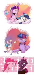 Size: 1400x3063 | Tagged: safe, artist:saturdaymorningproj, character:pinkie pie, character:princess cadance, character:princess flurry heart, character:shining armor, character:tempest shadow, character:twilight sparkle, character:twilight sparkle (alicorn), species:alicorn, species:earth pony, species:pony, species:unicorn, ship:shiningcadance, aunt and niece, baby, baby pony, broken horn, comic, cute, eye scar, eyes closed, female, filly, floppy ears, flurrybetes, foal, glowing horn, gritted teeth, horn, husband and wife, levitation, lying down, magic, male, mare, most annoying sound in the world, mug, one eye closed, open mouth, pillow, prone, reeee, scar, shipping, sitting, sparking horn, stallion, straight, teeth, telekinesis, twiabetes, wings
