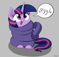 Size: 2450x2350 | Tagged: safe, artist:taurson, character:twilight sparkle, species:pony, species:unicorn, cheek fluff, clothing, cross-eyed, cute, dawwww, dialogue, female, filly, giggling, gray background, hnnng, looking up, open mouth, oversized clothes, simple background, sitting, smiling, solo, speech bubble, taurson is trying to murder us, twiabetes, weapons-grade cute