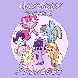 Size: 998x1000 | Tagged: safe, artist:typhwosion, character:applejack, character:fluttershy, character:pinkie pie, character:rainbow dash, character:rarity, character:twilight sparkle, character:twilight sparkle (alicorn), species:alicorn, species:earth pony, species:pegasus, species:pony, species:unicorn, abstract background, alicorn costume, clothing, costume, eyes closed, fake horn, fake wings, female, freckles, hoof shoes, jewelry, lidded eyes, looking at you, mane six, mare, regalia, smiling, thanks m.a. larson, toilet paper roll, toilet paper roll horn