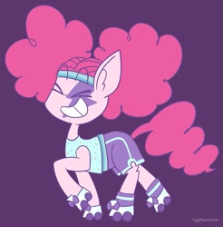 Size: 983x1000 | Tagged: safe, artist:typhwosion, character:pinkie pie, species:earth pony, species:pony, episode:scare master, g4, my little pony: friendship is magic, clothing, costume, cute, diapinkes, eyes closed, female, mare, nightmare night costume, pinkie puffs, purple background, raised hoof, roller skates, simple background, smiling, solo