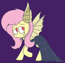 Size: 1000x981 | Tagged: safe, artist:typhwosion, character:fluttershy, species:pegasus, species:pony, bat ears, bat pony costume, bat wings, black dress, clothing, costume, dress, fangs, female, flutterbat costume, lidded eyes, mare, nightmare night costume, purple background, raised hoof, simple background, solo, spread wings, wings